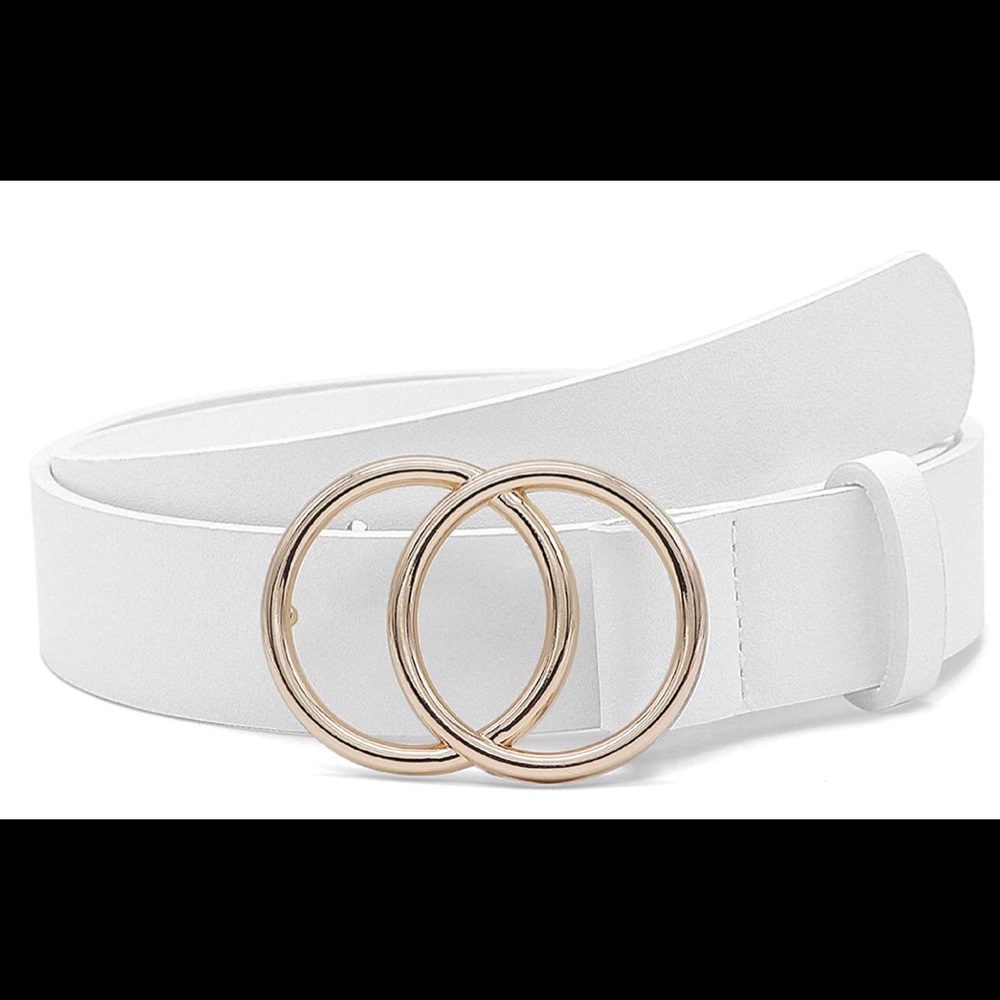 Women’s White Double Circle Ring Faux Leather Belt